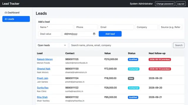 Lead & Follow-up Tracker — Lead pipeline