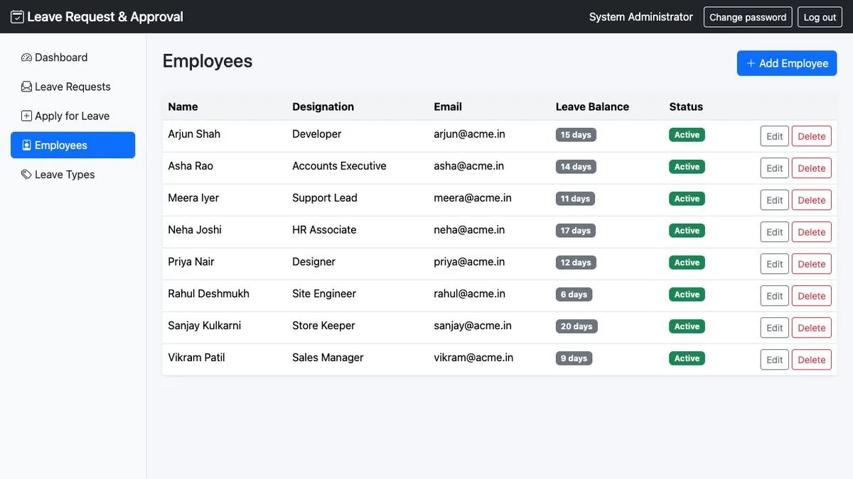 Employee Leave Request & Approval System — Employees and leave balances