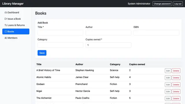Library Manager — Books and availability
