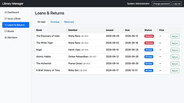 Library Manager — Loans and overdue returns