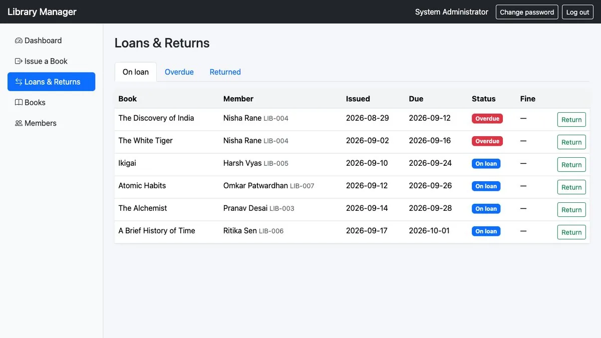 Library Manager — Loans and overdue returns