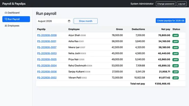Payroll & Payslip Generator — Monthly payroll run