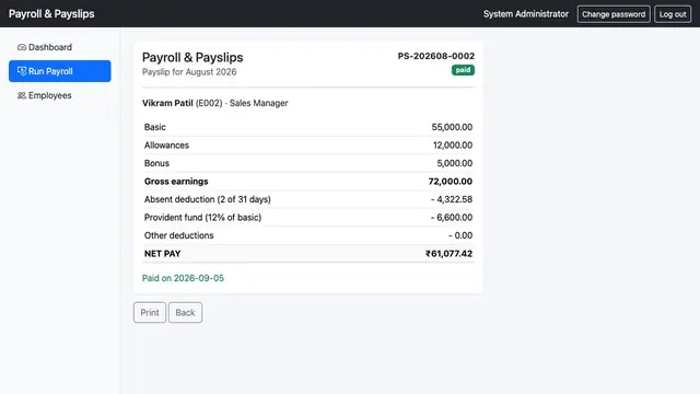 Payroll & Payslip Generator — Printable payslip