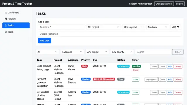 Project & Time Tracker — Tasks with a running timer