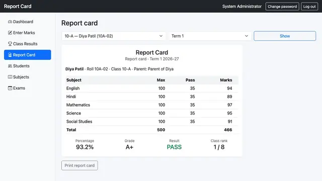 Student Report Card & Result System — Printable report card