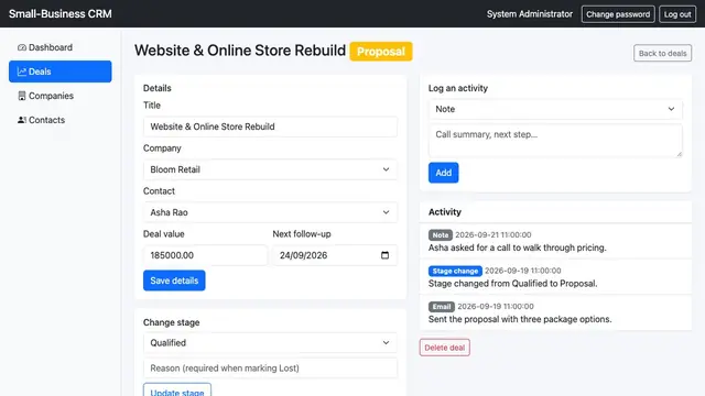 Small-Business CRM — Deal detail with stage rules and activity feed