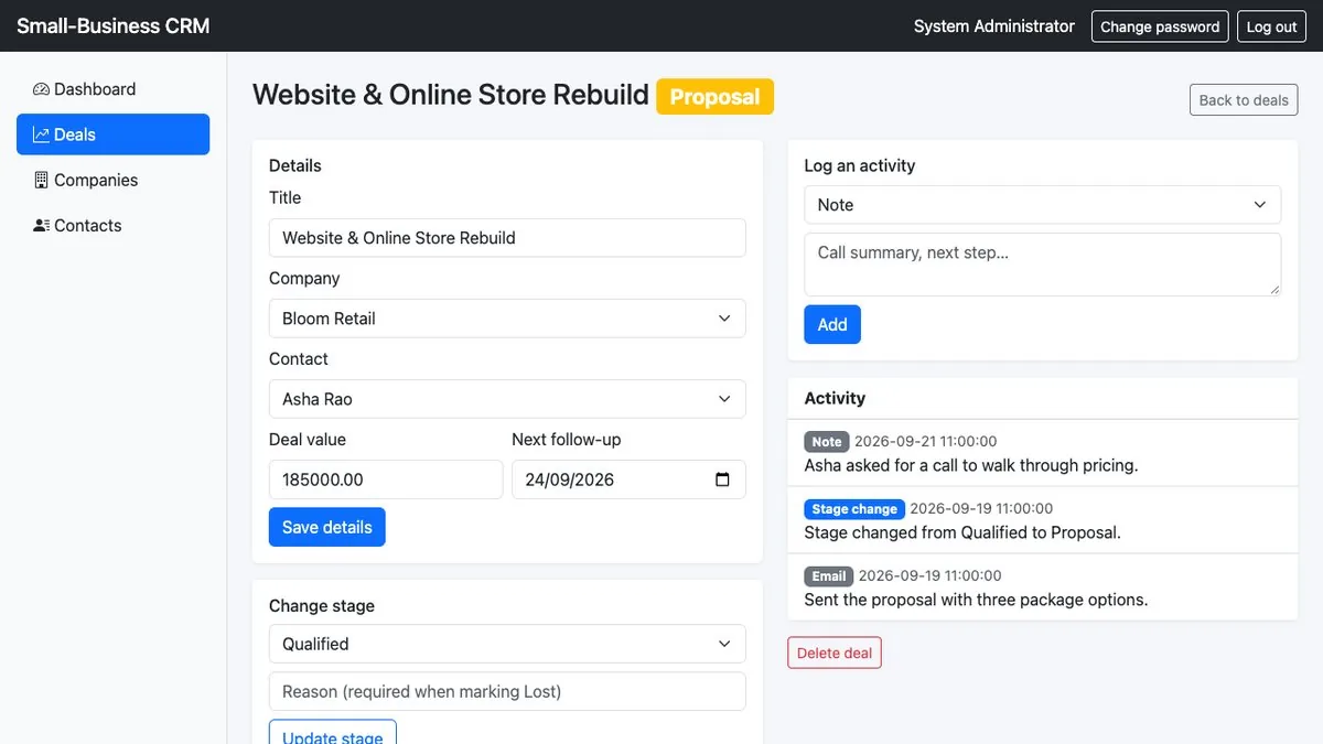Small-Business CRM — Deal detail with stage rules and activity feed