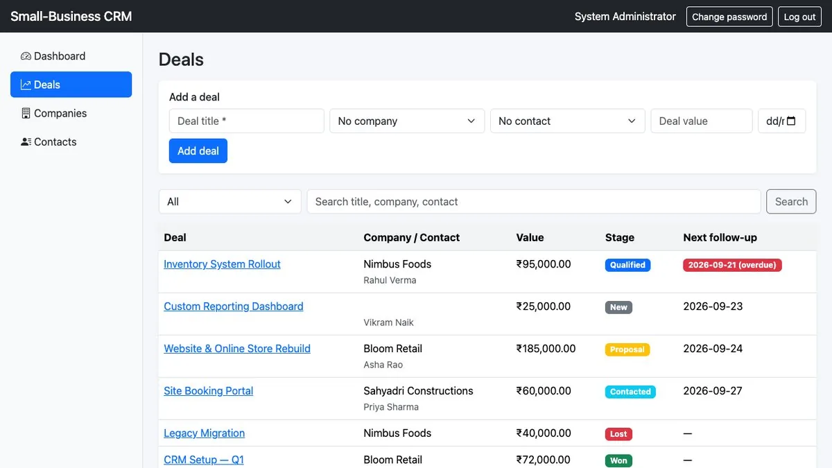 Small-Business CRM — Deal pipeline