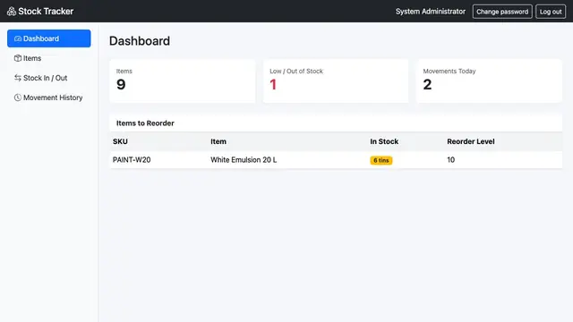 Simple Stock In/Out Tracker — Dashboard