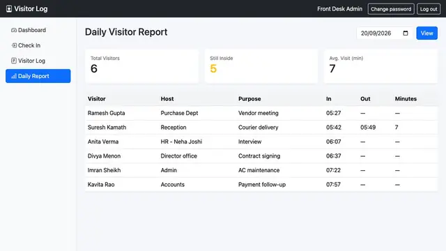 Visitor Check-In / Check-Out Log — Daily visitor report