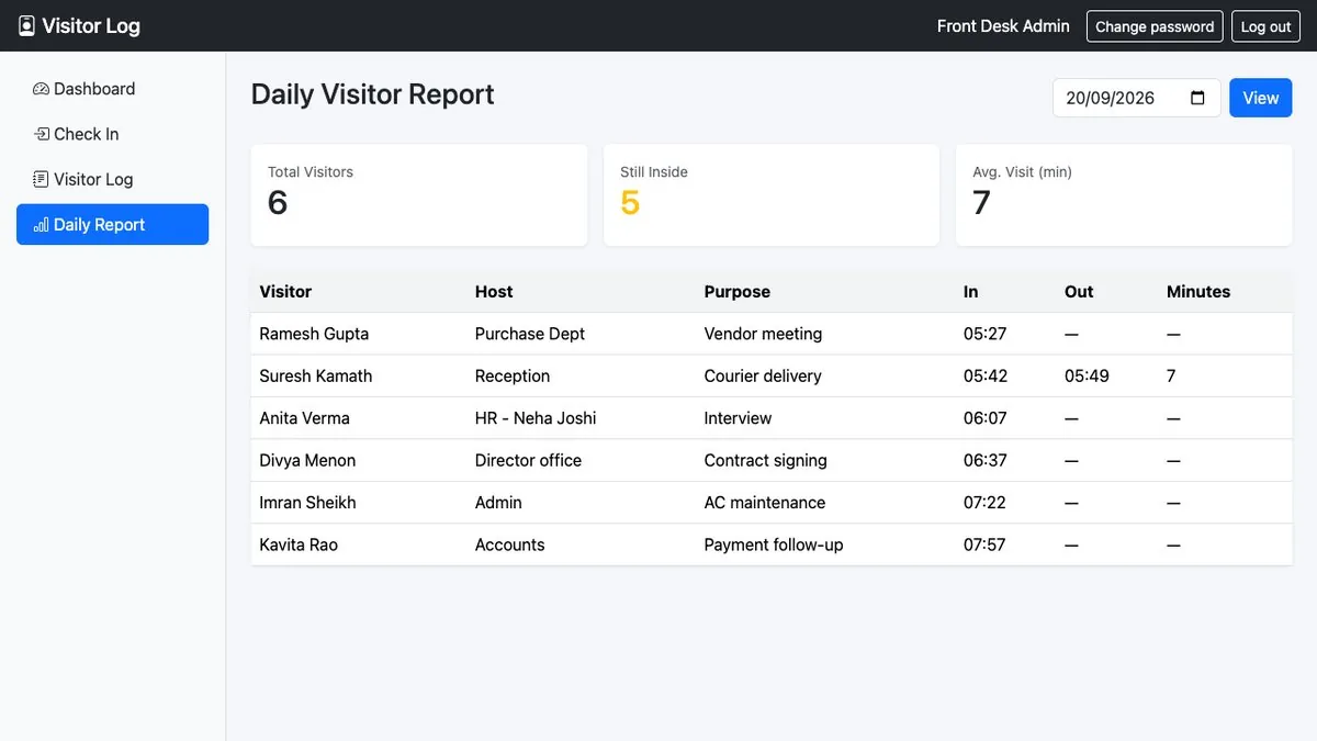 Visitor Check-In / Check-Out Log — Daily visitor report