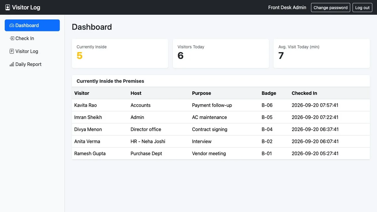 Visitor Check-In / Check-Out Log — Dashboard