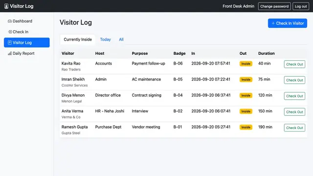 Visitor Check-In / Check-Out Log — Visitors currently inside